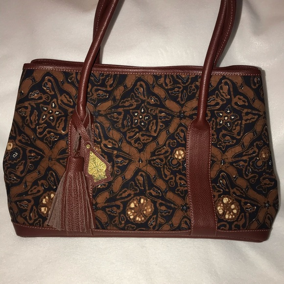Brand new dark brown leather ethnic Batik Tote Bag - Picture 2 of 8